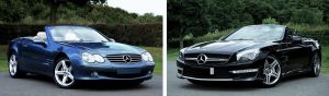 Two Mercedes-Benz SL-CLass cars, blue R230 model on the left, black R231 model on the right