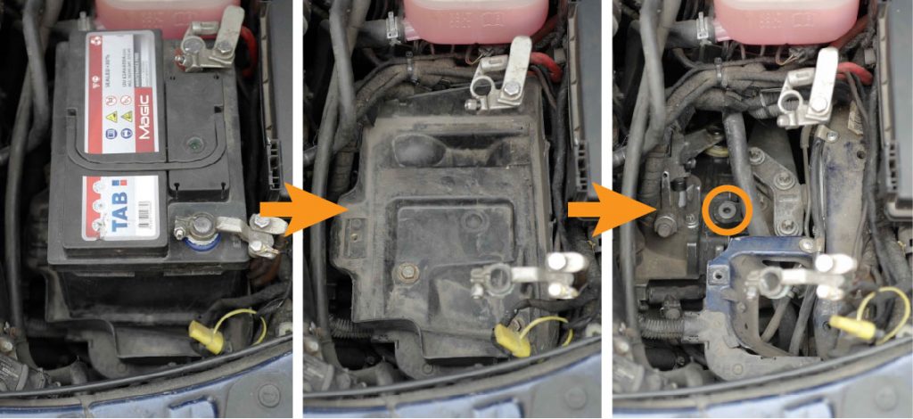 Three steps to accessing the oil fill plug in the M32 gearbox, fill plug location marked