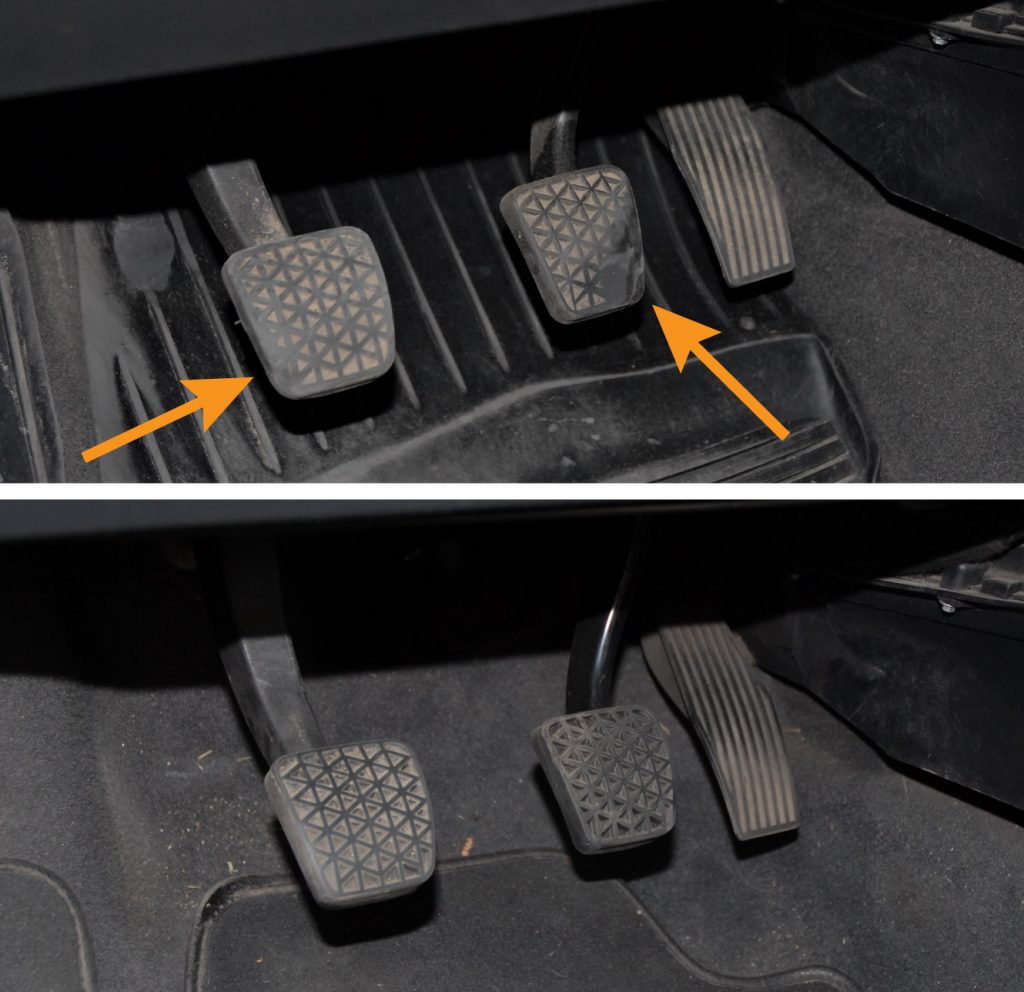 Comparison of pedal wear in two used cars. Upper photo shows worn pedals, lower photo shows pedals without signs of wear.