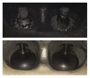 Carbon build-up on the intake valves in a GDI engine.